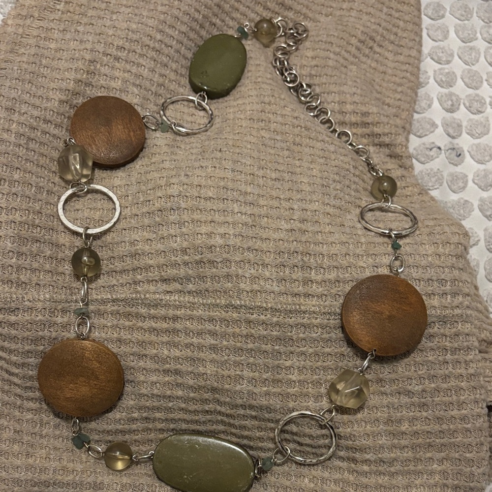 Elegant Wooden and Green Stone Statement Necklace